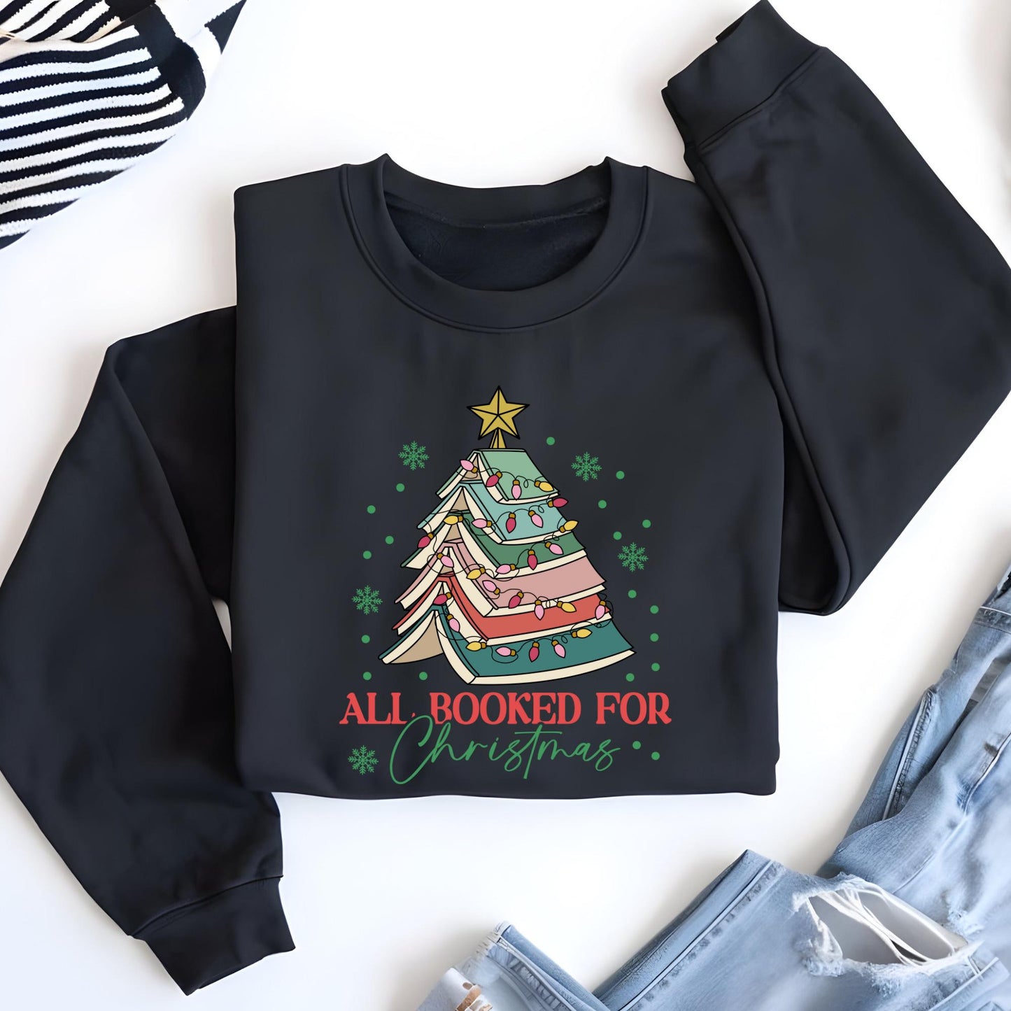 All Booked For Christmas Shirt Gift for Librarian, Christmas Book Tree Sweatshirt, Book Lovers Christmas Gift