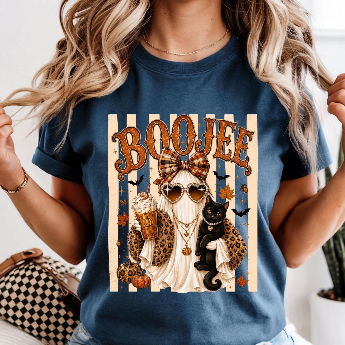 Comfort Colors® Boo-Jee Ghost Shirt, Stripe Leopard Ghost Tee, Spooky Black Cat Tshirt
