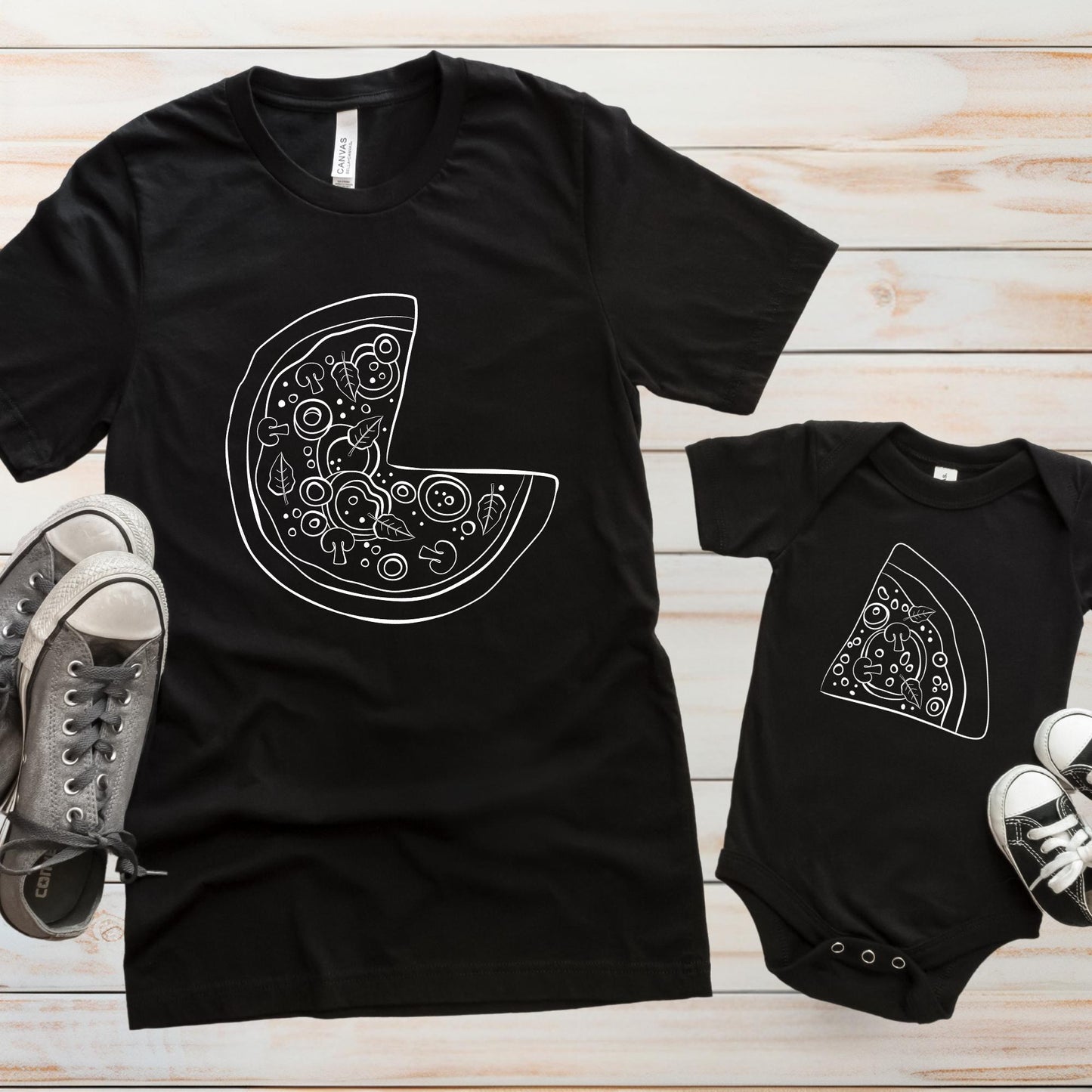 Pizza And Pizza Slice Matching Family Shirts, Baby Bodysuit Dad T-Shirt, Dad And Son Daughter Shirts, Parents And Kids Shirt