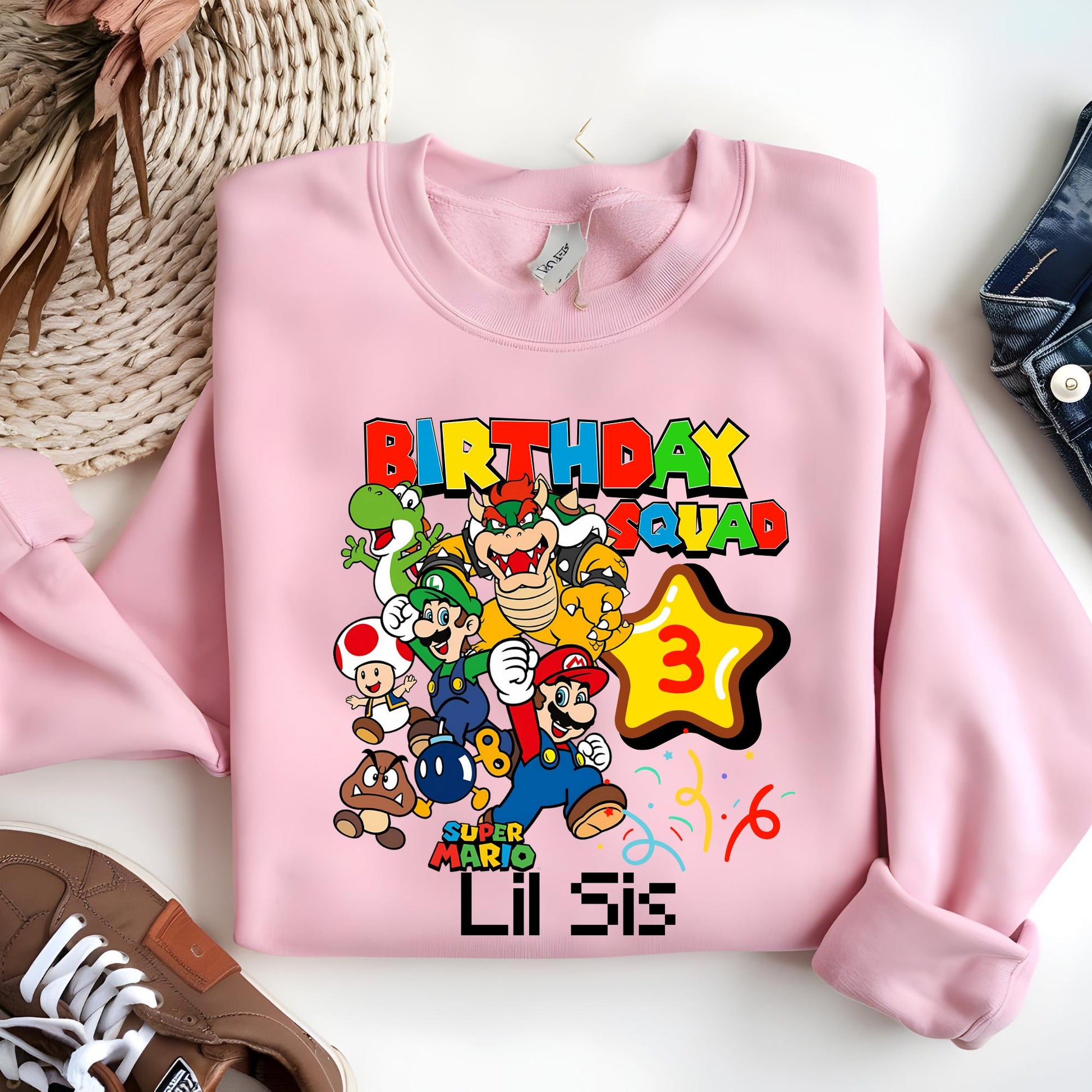 Custom Super Mario Birthday Sweatshirt, Birthday Squad Party Shirt | Sweat, Gift for Birthday Boy, Mario Birthday Squad Outfit
