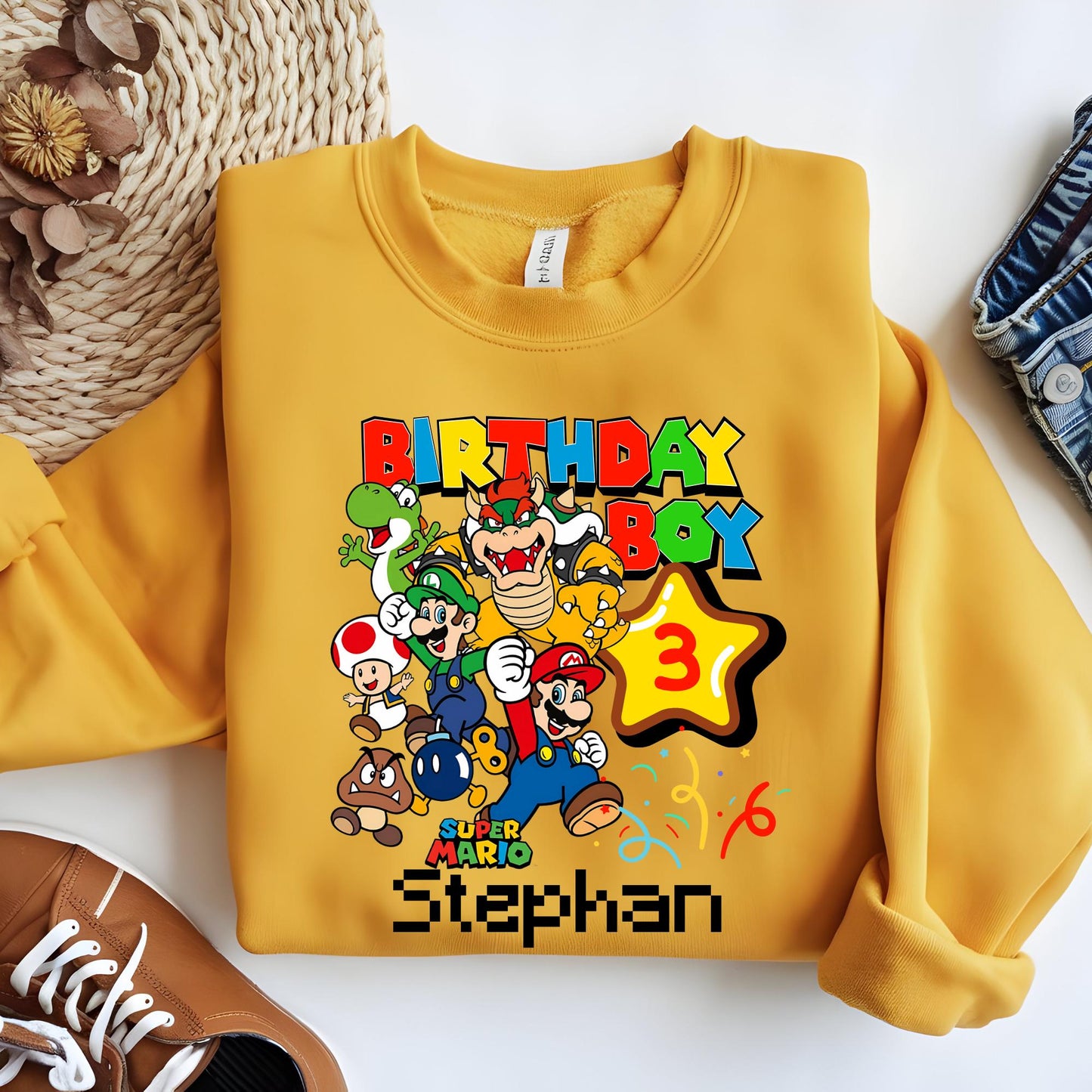 Custom Super Mario Birthday Sweatshirt, Birthday Squad Party Shirt | Sweat, Gift for Birthday Boy, Mario Birthday Squad Outfit