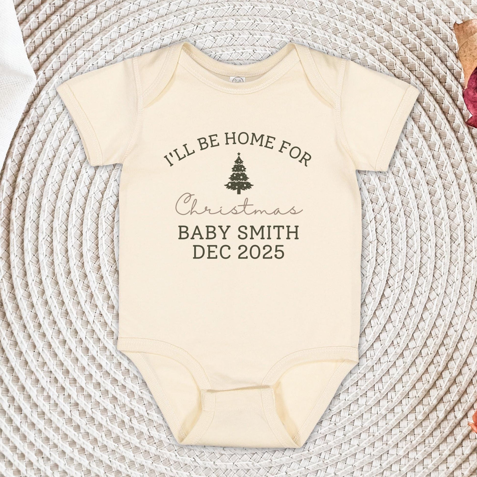 I'll Be Home For Christmas Baby Onesie®, Pregnancy Reveal Christmas Baby Bodysuit, December Baby Announcement Onesie®, Baby Shower Gift