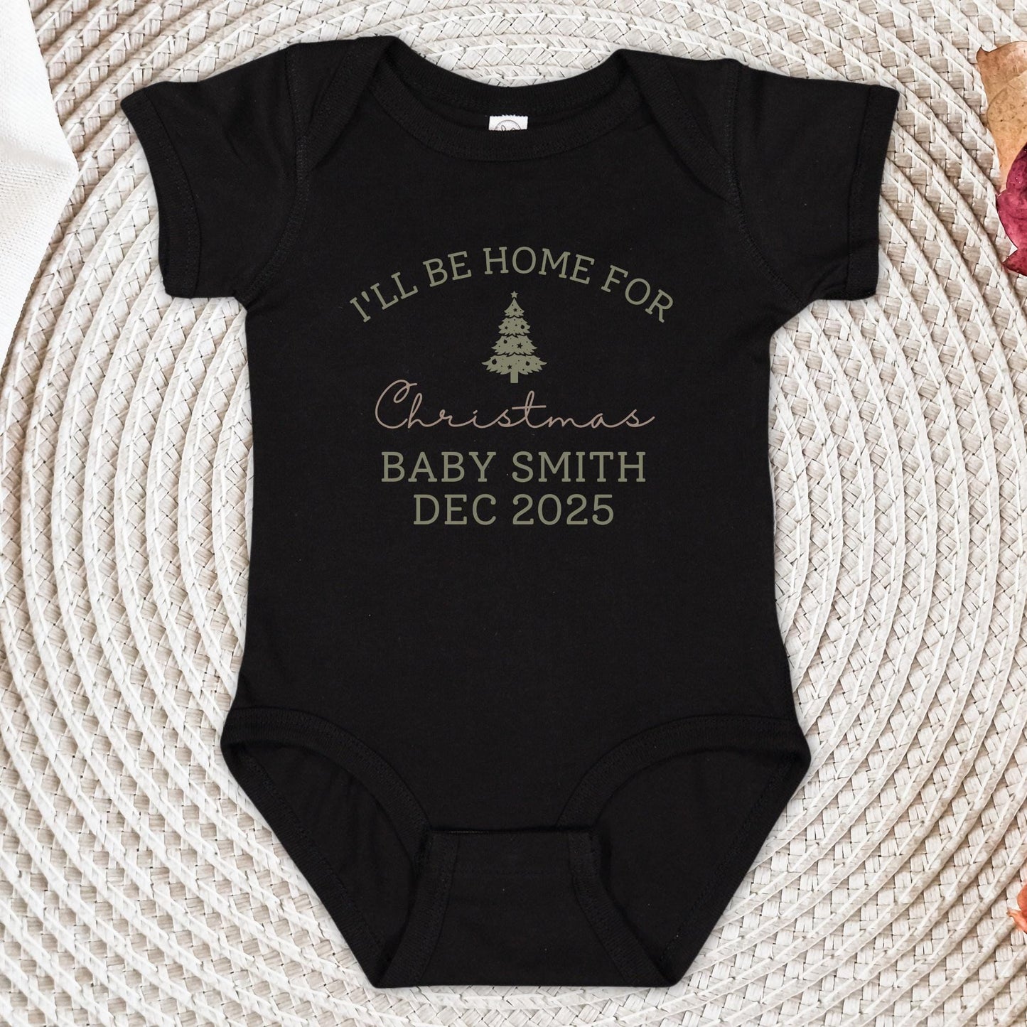 I'll Be Home For Christmas Baby Onesie®, Pregnancy Reveal Christmas Baby Bodysuit, December Baby Announcement Onesie®, Baby Shower Gift