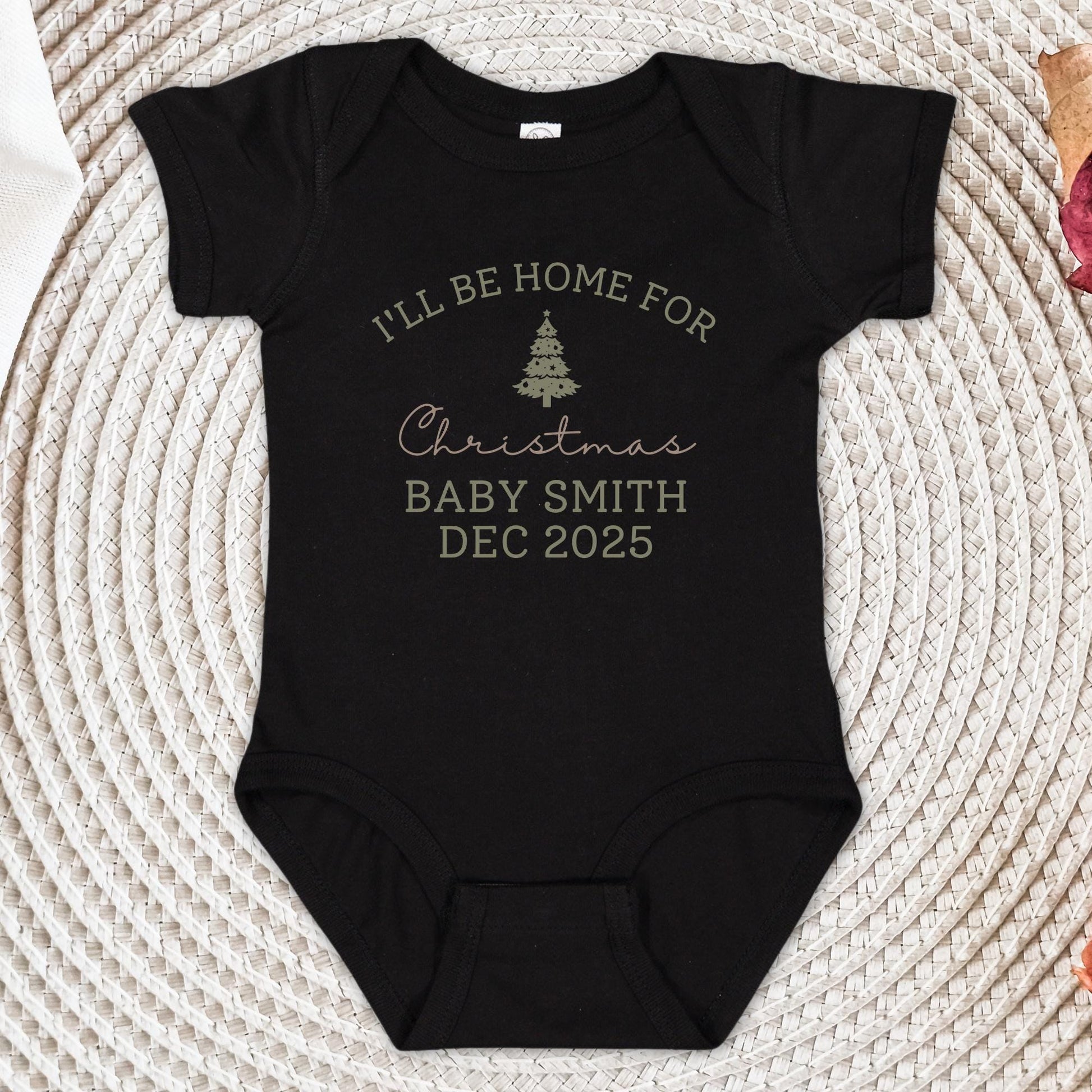 I'll Be Home For Christmas Baby Onesie®, Pregnancy Reveal Christmas Baby Bodysuit, December Baby Announcement Onesie®, Baby Shower Gift