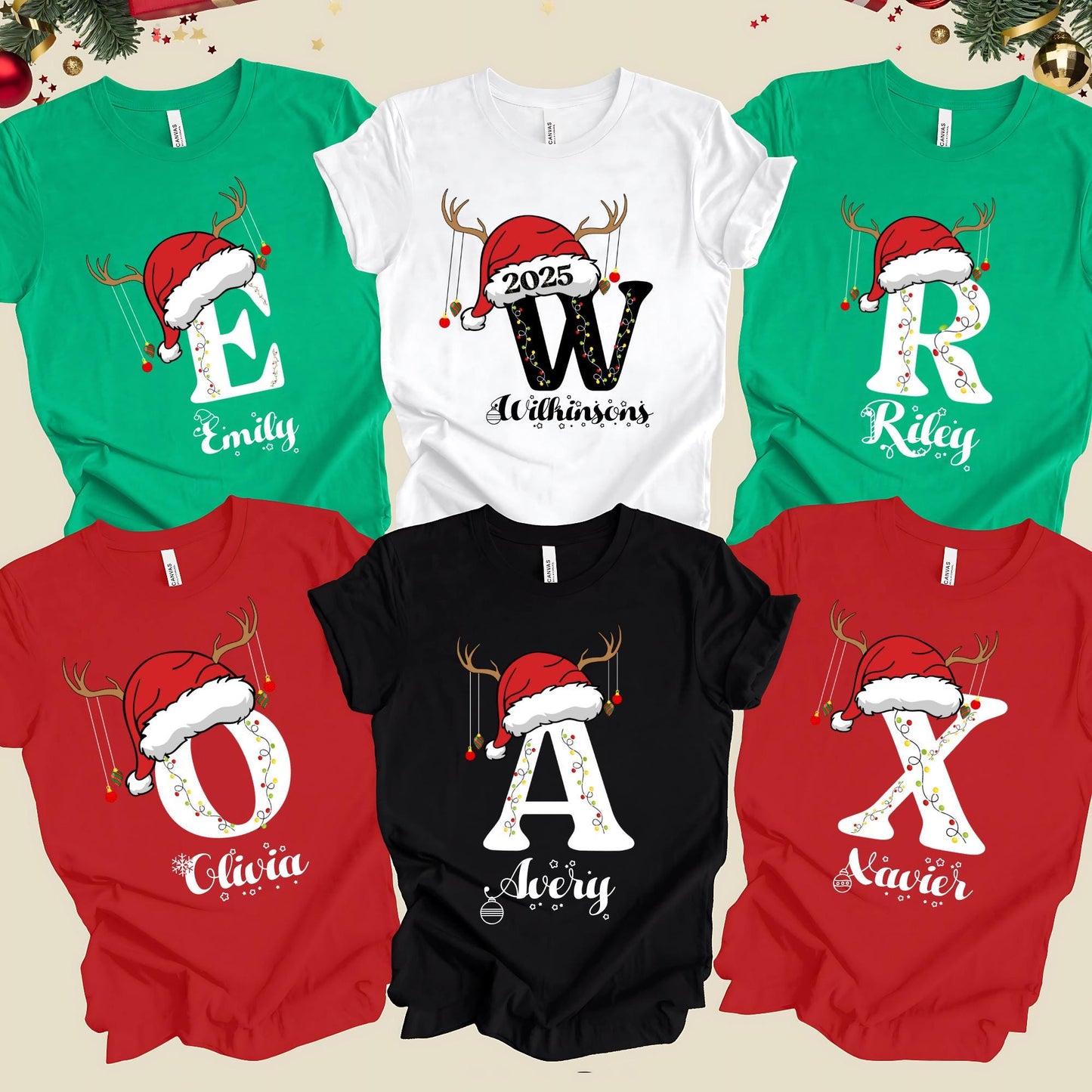 Family Christmas Shirt, Monogrammed Letters Shirt, Christmas Gift, Personalized Xmas Pajamas, Familia Christmas Name Shirts, Xmas Name Tee