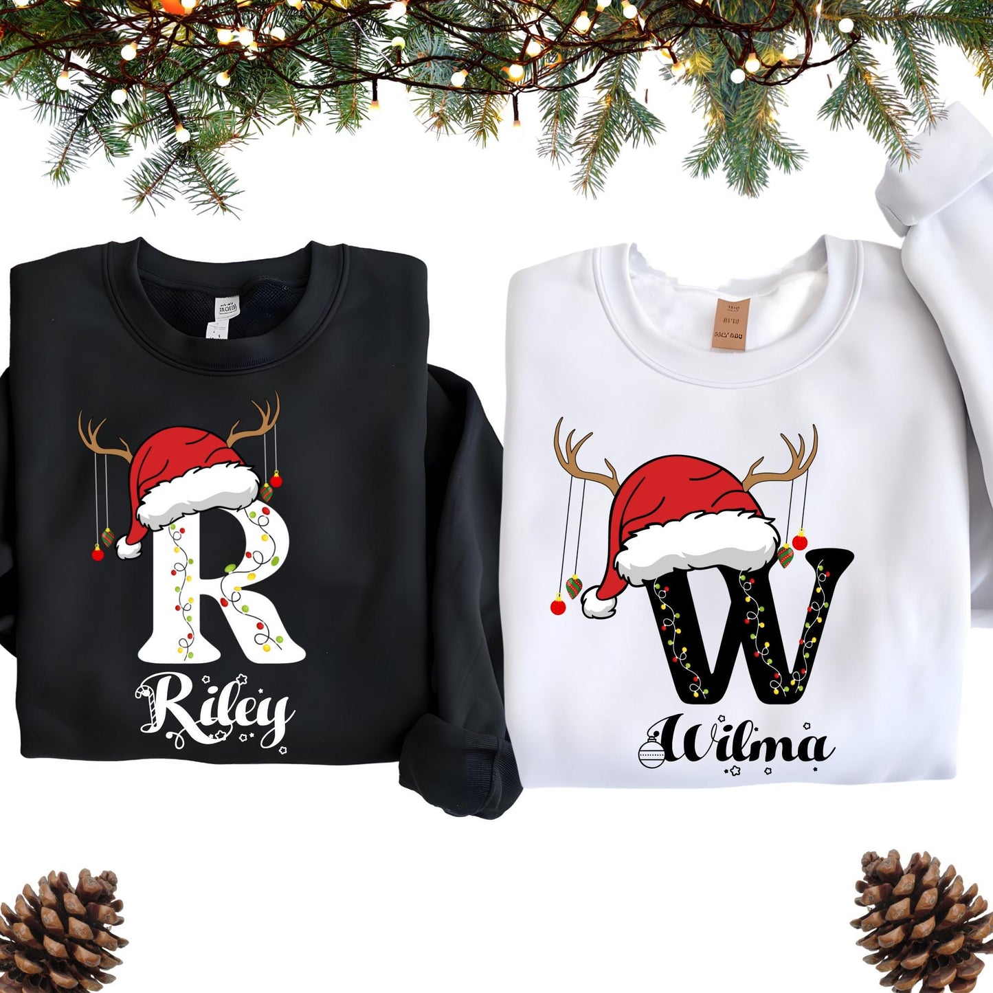 Personalized Family Christmas Sweatshirt: Custom Name Monogram with Santa Hat Christmas Gift