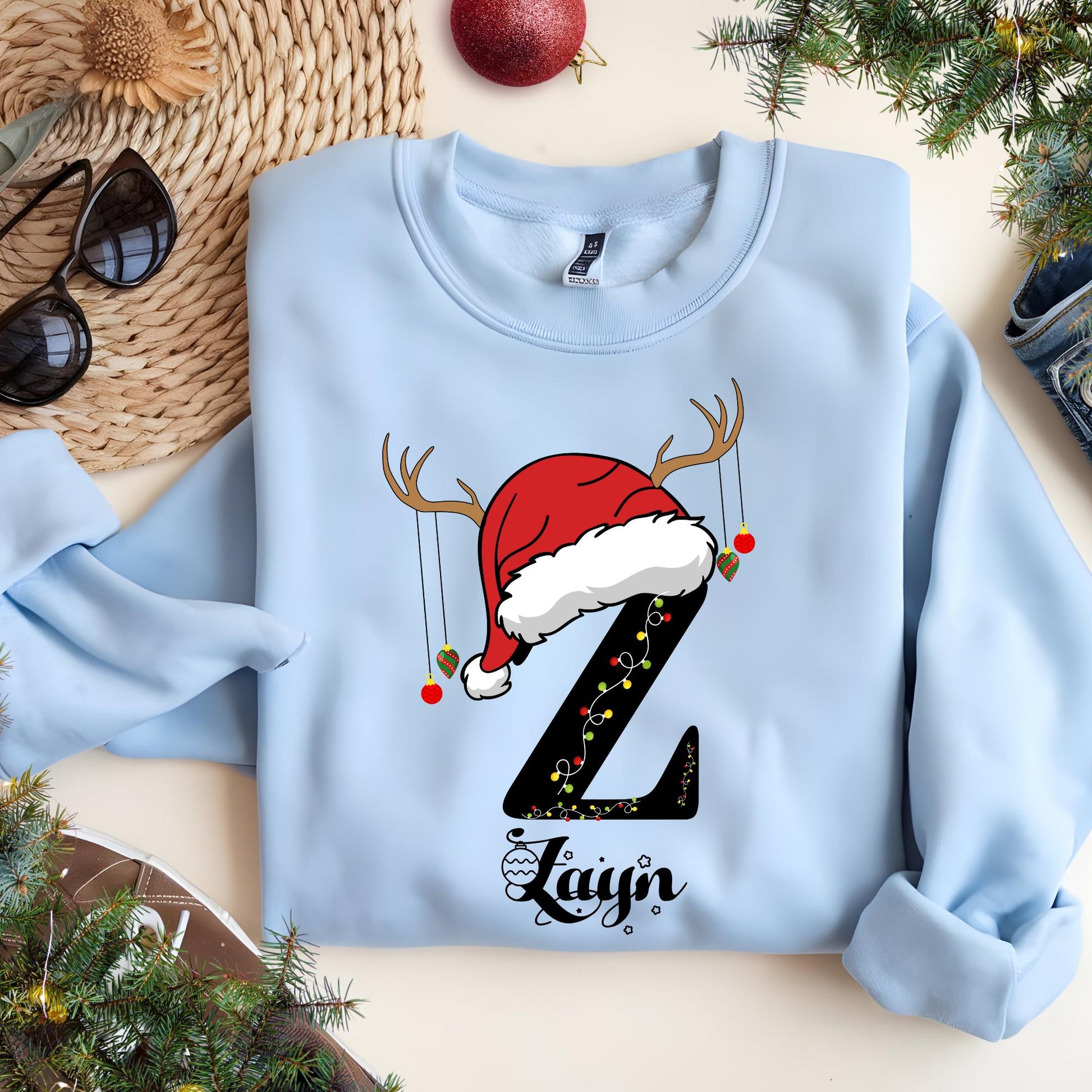 Personalized Family Christmas Sweatshirt: Custom Name Monogram with Santa Hat Christmas Gift