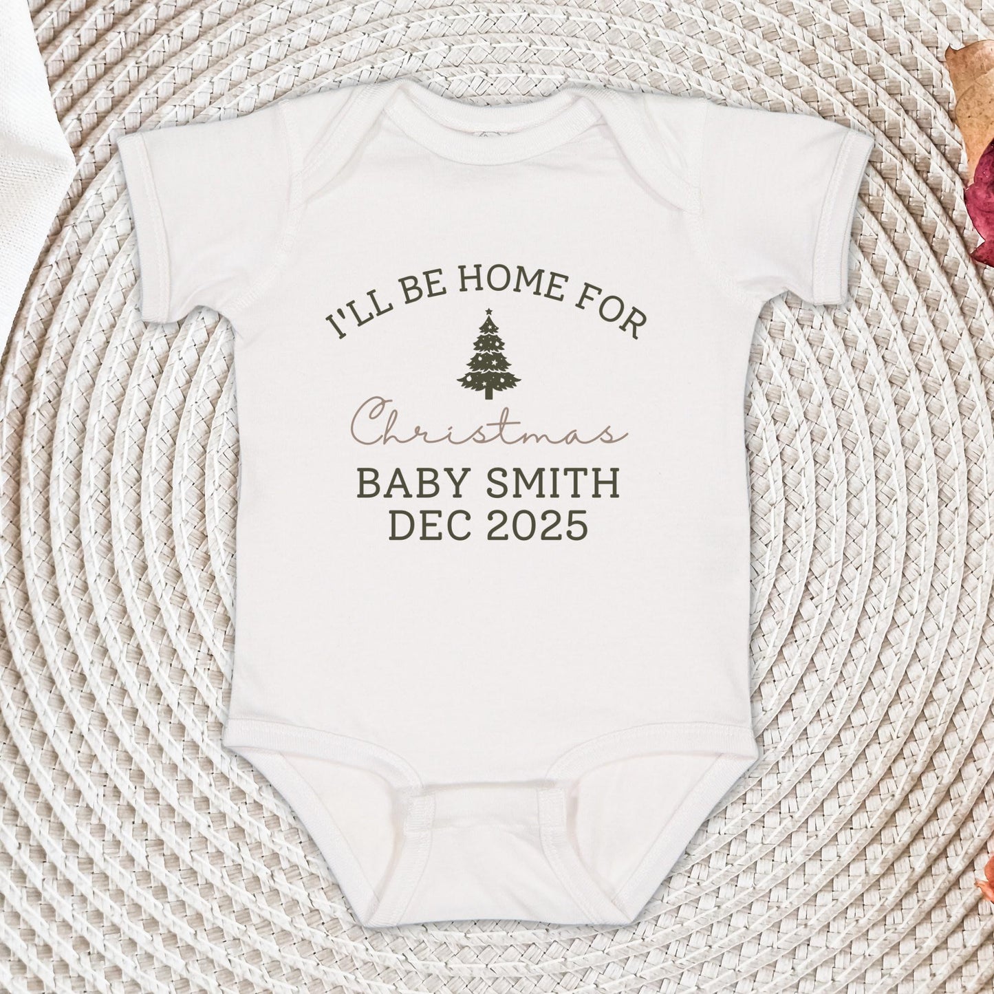 I'll Be Home For Christmas Baby Onesie®, Pregnancy Reveal Christmas Baby Bodysuit, December Baby Announcement Onesie®, Baby Shower Gift