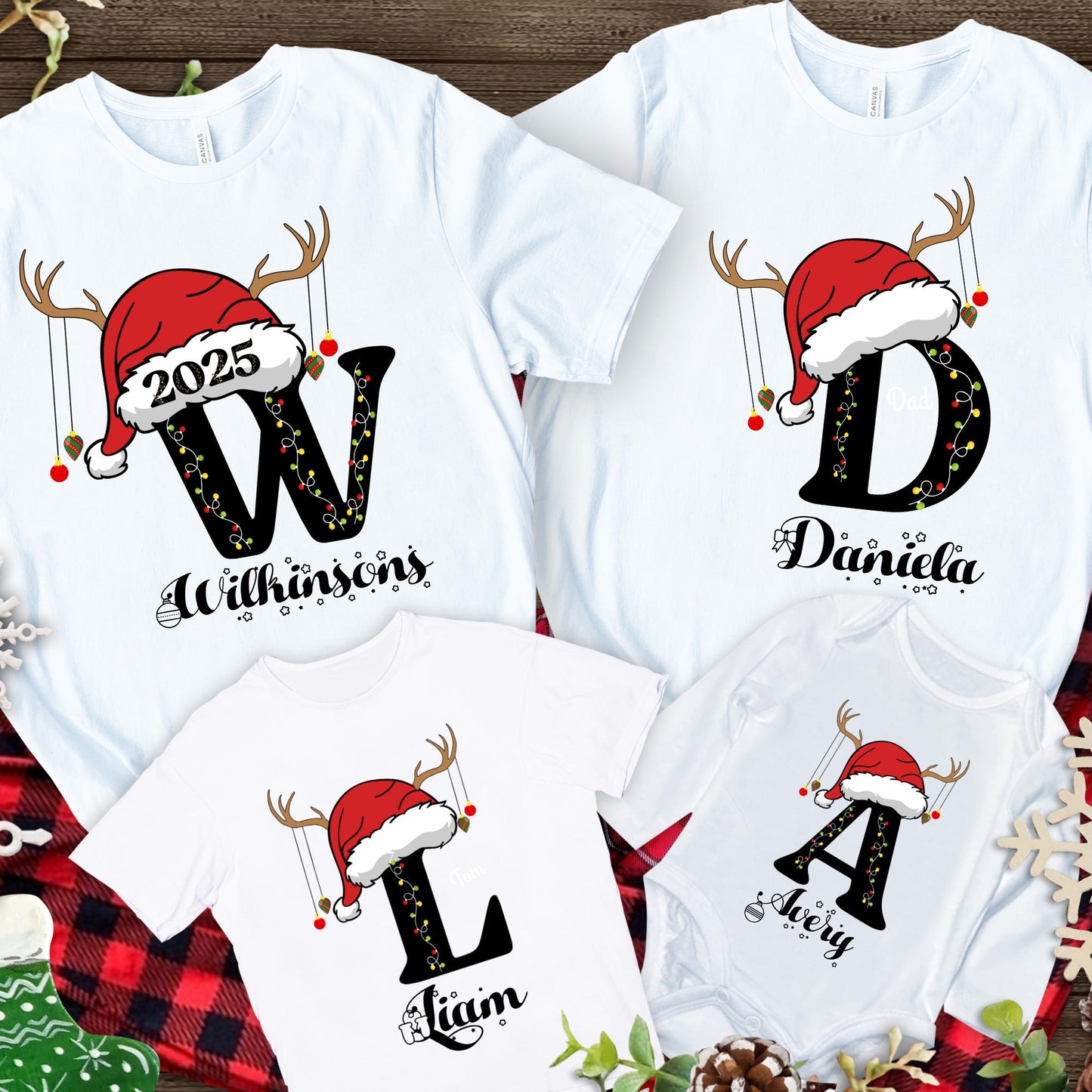 Family Christmas Shirt, Monogrammed Letters Shirt, Christmas Gift, Personalized Xmas Pajamas, Familia Christmas Name Shirts, Xmas Name Tee