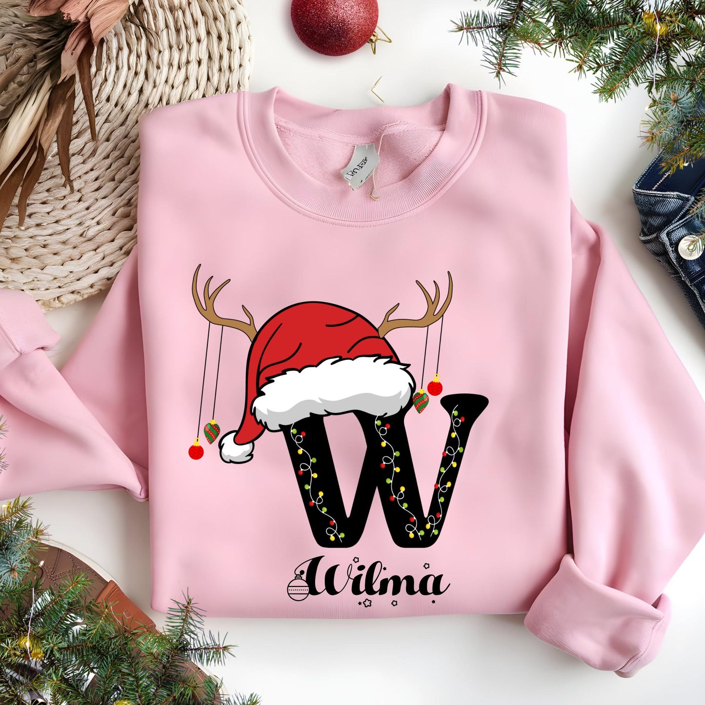 Personalized Family Christmas Sweatshirt: Custom Name Monogram with Santa Hat Christmas Gift