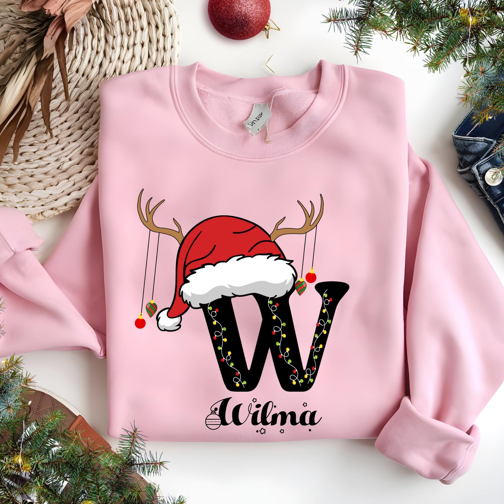 Personalized Family Christmas Sweatshirt: Custom Name Monogram with Santa Hat Christmas Gift