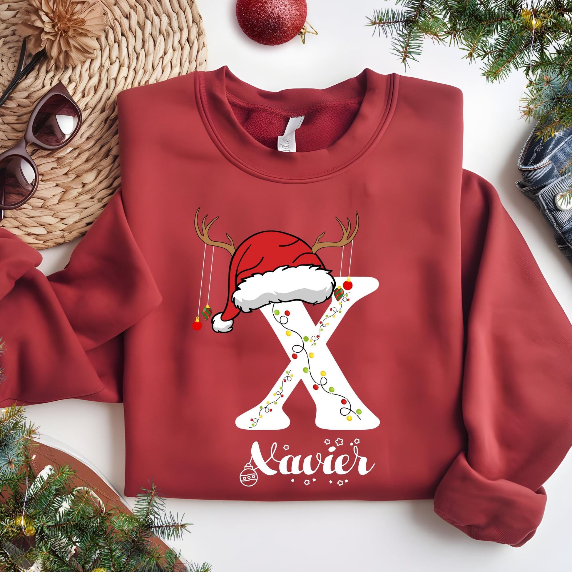 Personalized Family Christmas Sweatshirt: Custom Name Monogram with Santa Hat Christmas Gift