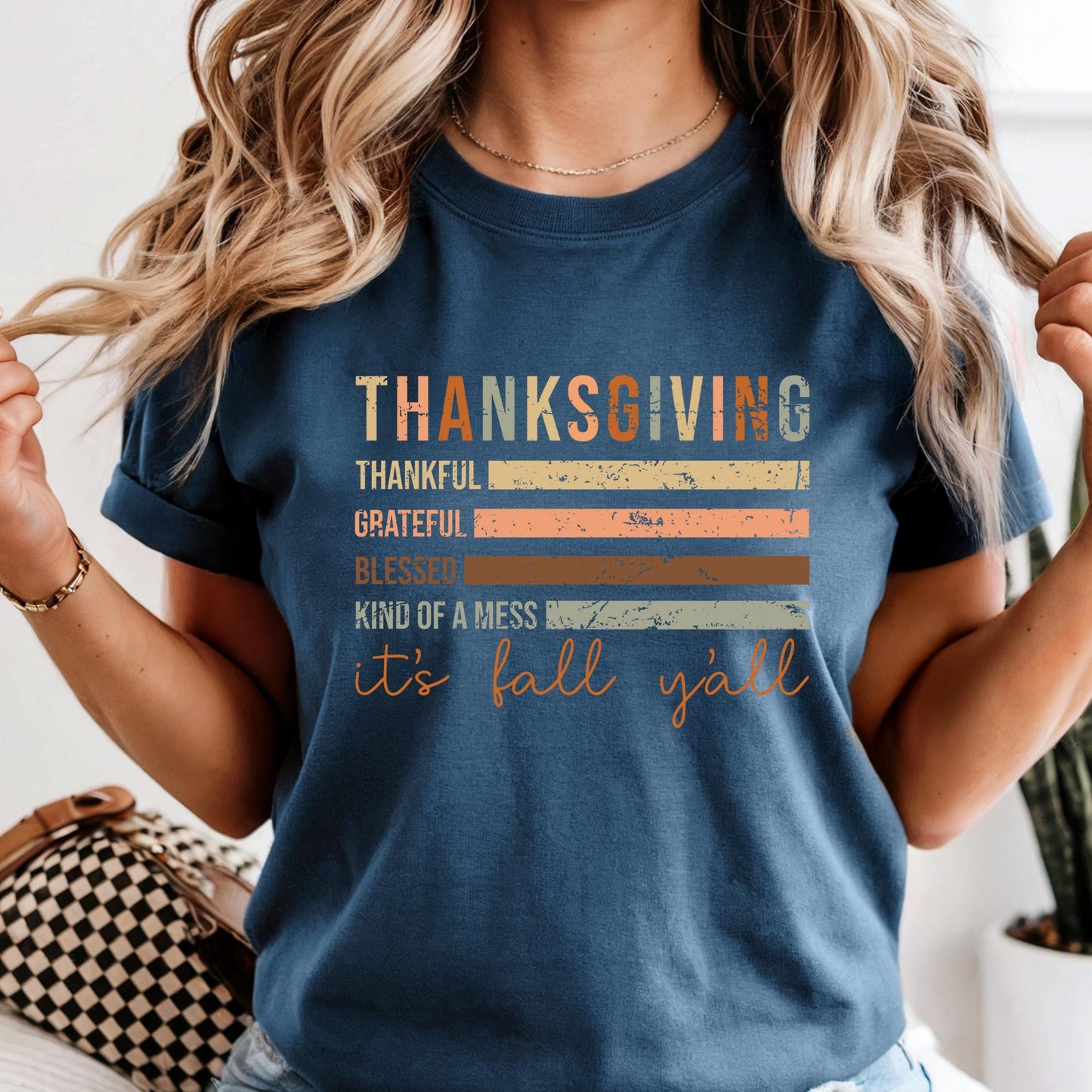 Comfort Colors® Thankful Grateful Blessed Tee: Thanksgiving Shirt, It's Fall Y'all Flag Tee