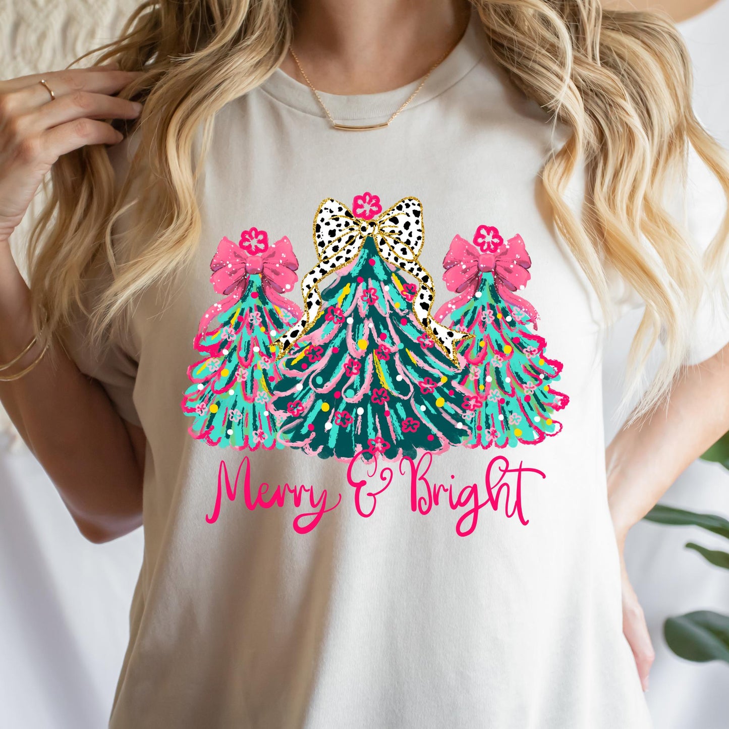 Merry & Bright Comfort Colors® Christmas Shirt, Pink Leopard Bow Christmas Tree Tee, Cute Holiday T-Shirt, Festive Graphic Tee for Women