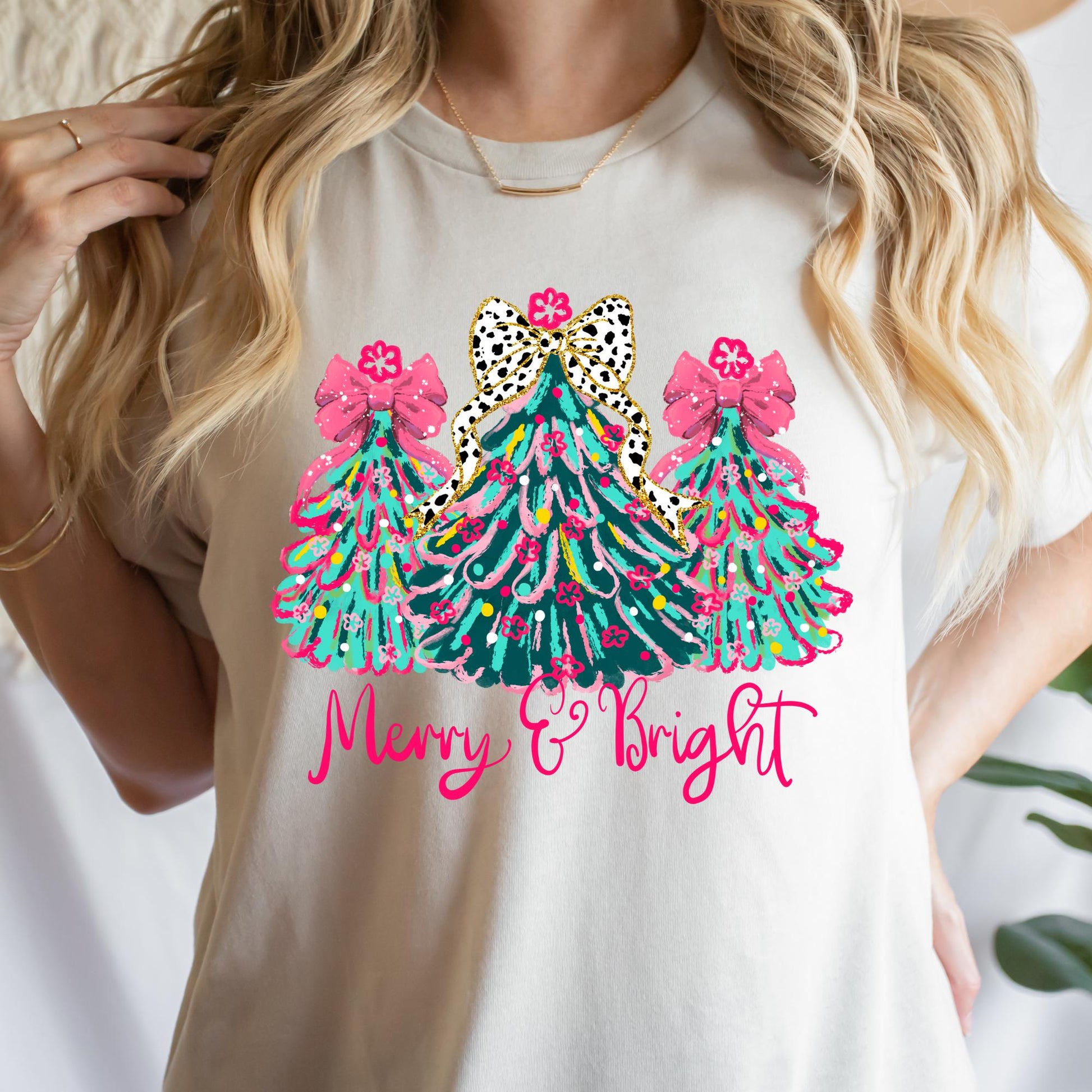 Merry & Bright Comfort Colors® Christmas Shirt, Pink Leopard Bow Christmas Tree Tee, Cute Holiday T-Shirt, Festive Graphic Tee for Women