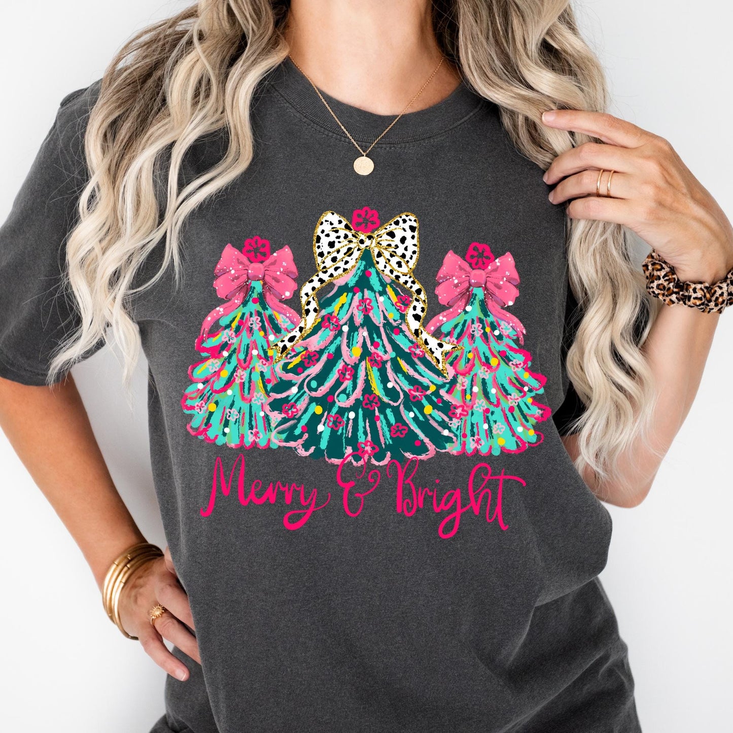 Merry & Bright Comfort Colors® Christmas Shirt, Pink Leopard Bow Christmas Tree Tee, Cute Holiday T-Shirt, Festive Graphic Tee for Women