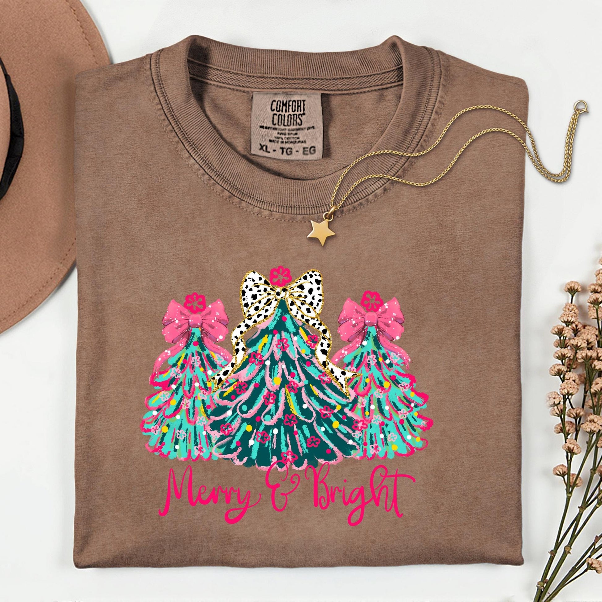 Merry & Bright Comfort Colors® Christmas Shirt, Pink Leopard Bow Christmas Tree Tee, Cute Holiday T-Shirt, Festive Graphic Tee for Women