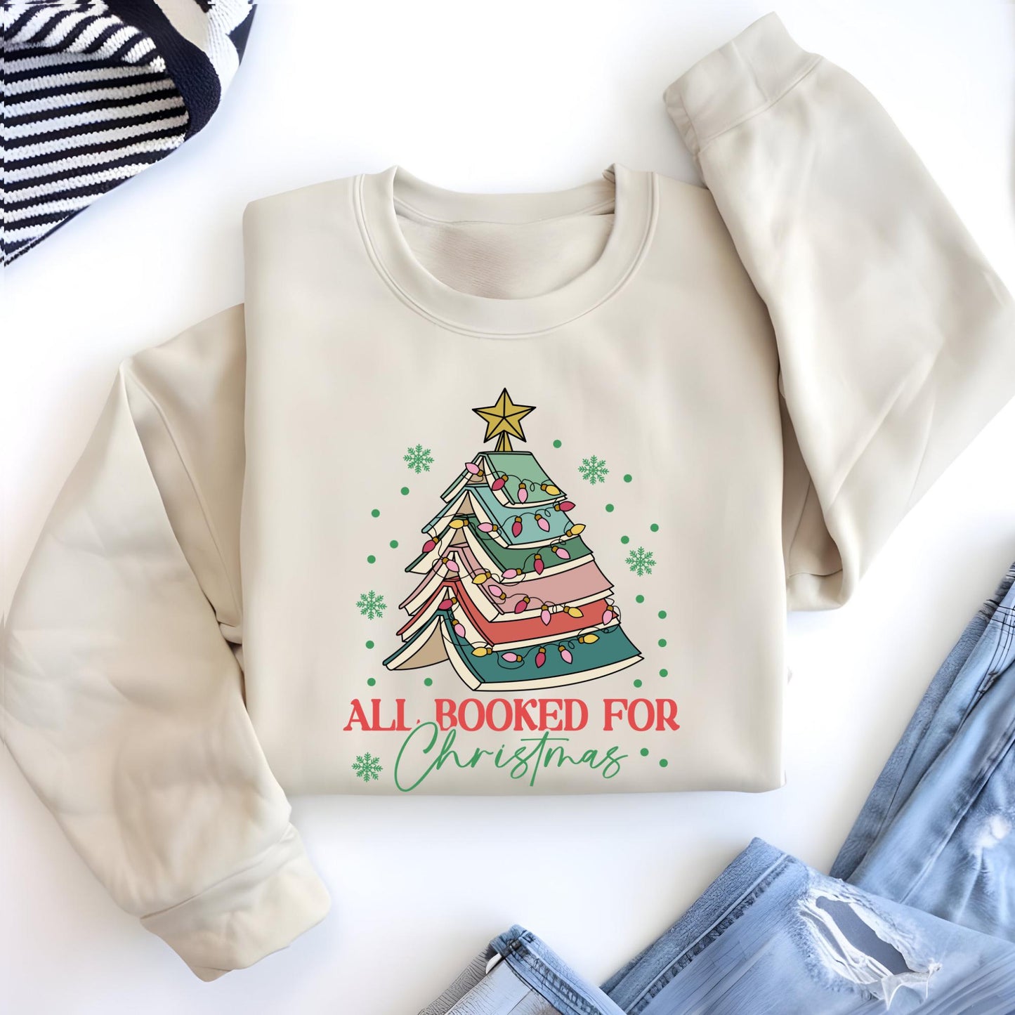 All Booked For Christmas Shirt Gift for Librarian, Christmas Book Tree Sweatshirt, Book Lovers Christmas Gift