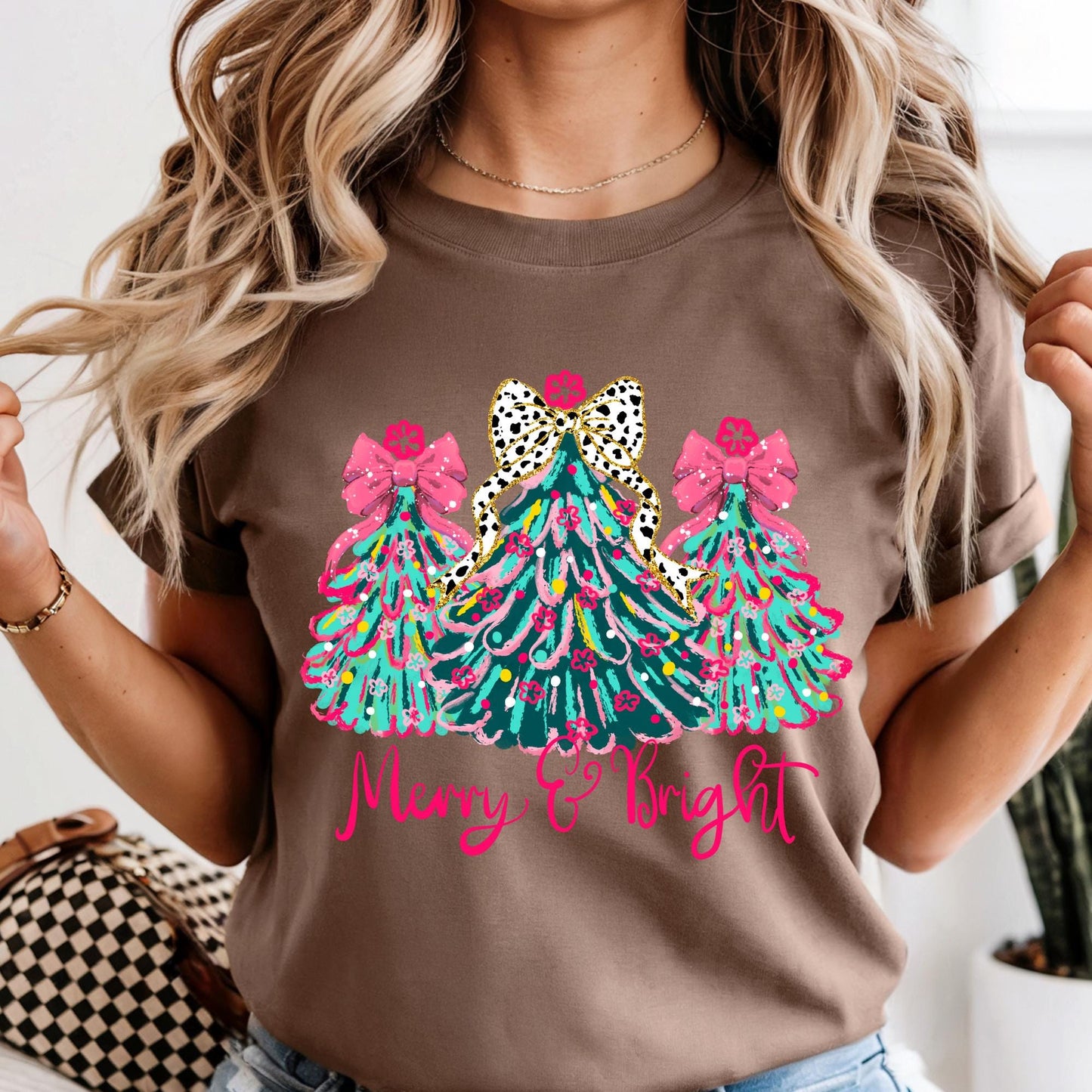 Merry & Bright Comfort Colors® Christmas Shirt, Pink Leopard Bow Christmas Tree Tee, Cute Holiday T-Shirt, Festive Graphic Tee for Women
