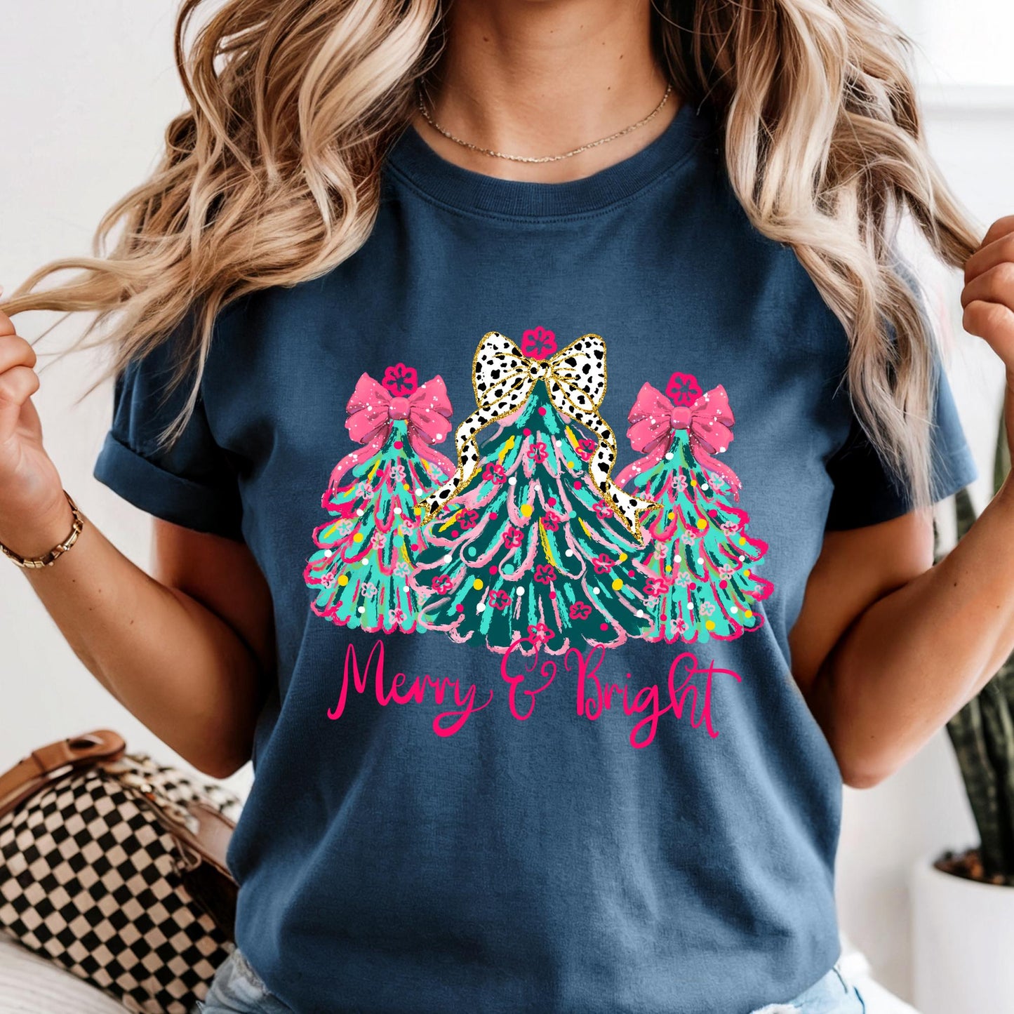Merry & Bright Comfort Colors® Christmas Shirt, Pink Leopard Bow Christmas Tree Tee, Cute Holiday T-Shirt, Festive Graphic Tee for Women
