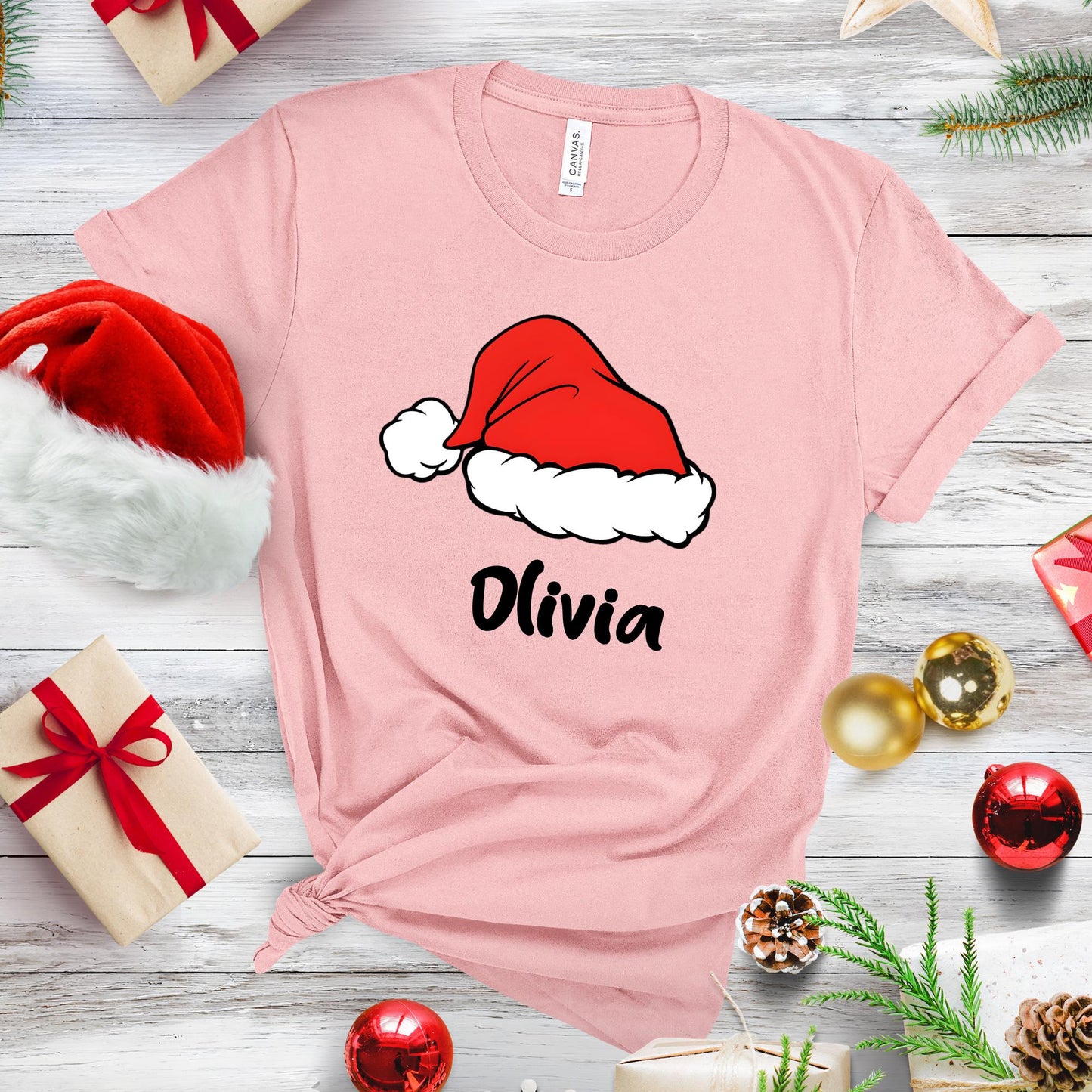 Custom Family Christmas Shirt: Santa Hat Name Matching Xmas Tee