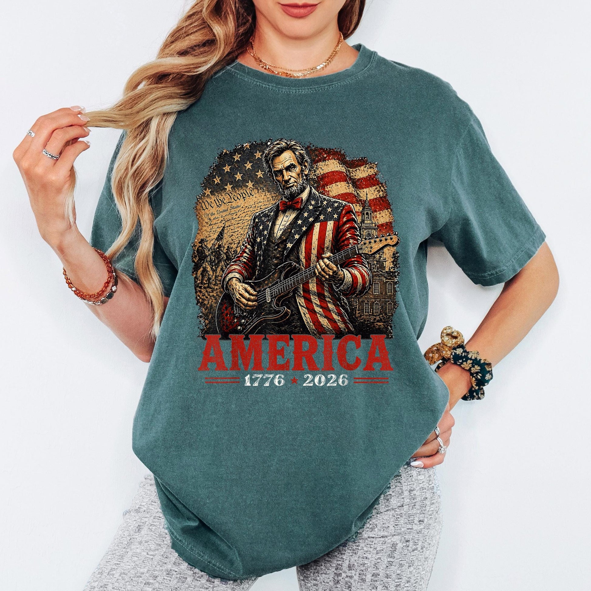 America 250th Anniversary Shirt, Patriotic Lincoln Guitar Tee, America 1776 2026 Shirt, Fourth of July Vintage USA Tee