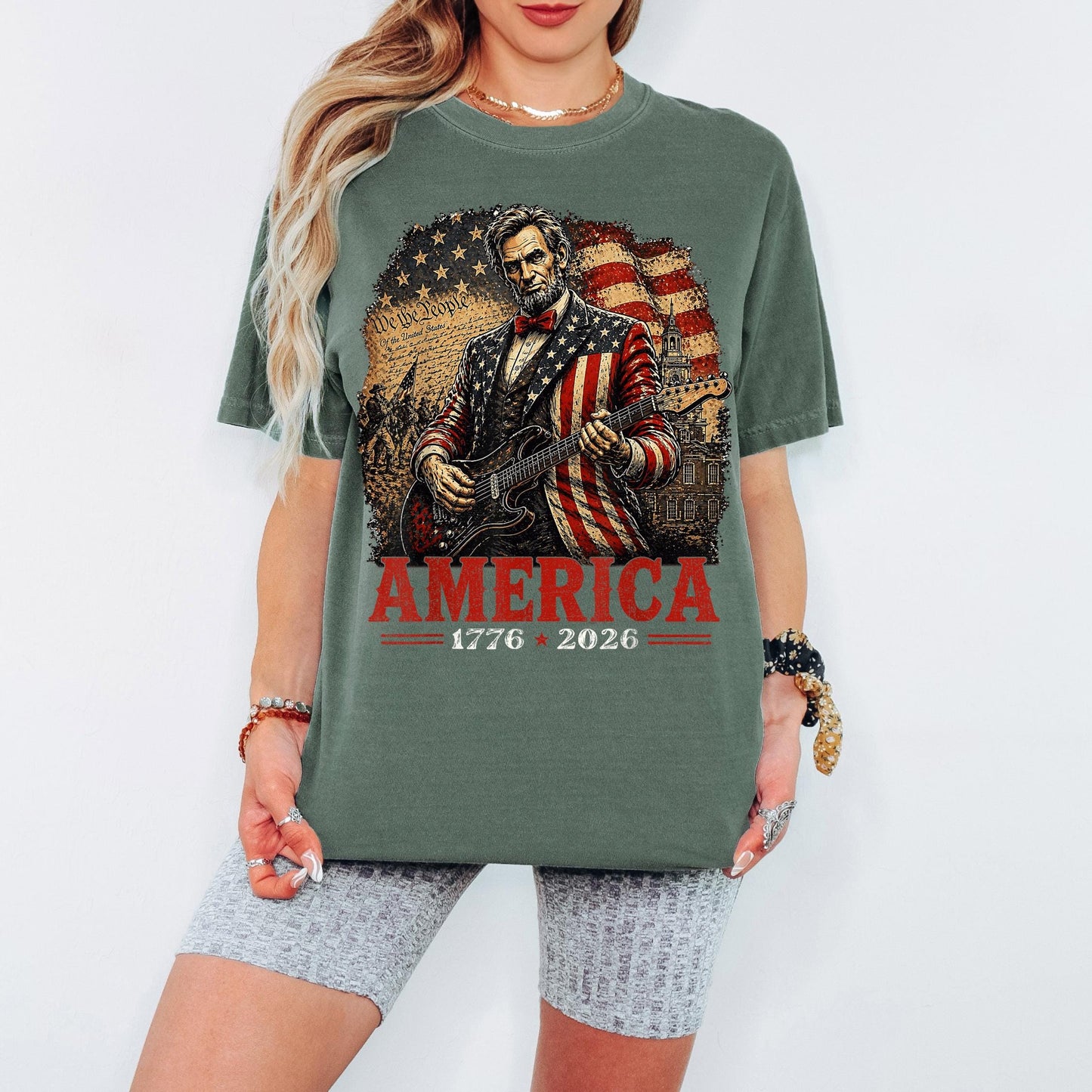 America 250th Anniversary Shirt, Patriotic Lincoln Guitar Tee, America 1776 2026 Shirt, Fourth of July Vintage USA Tee