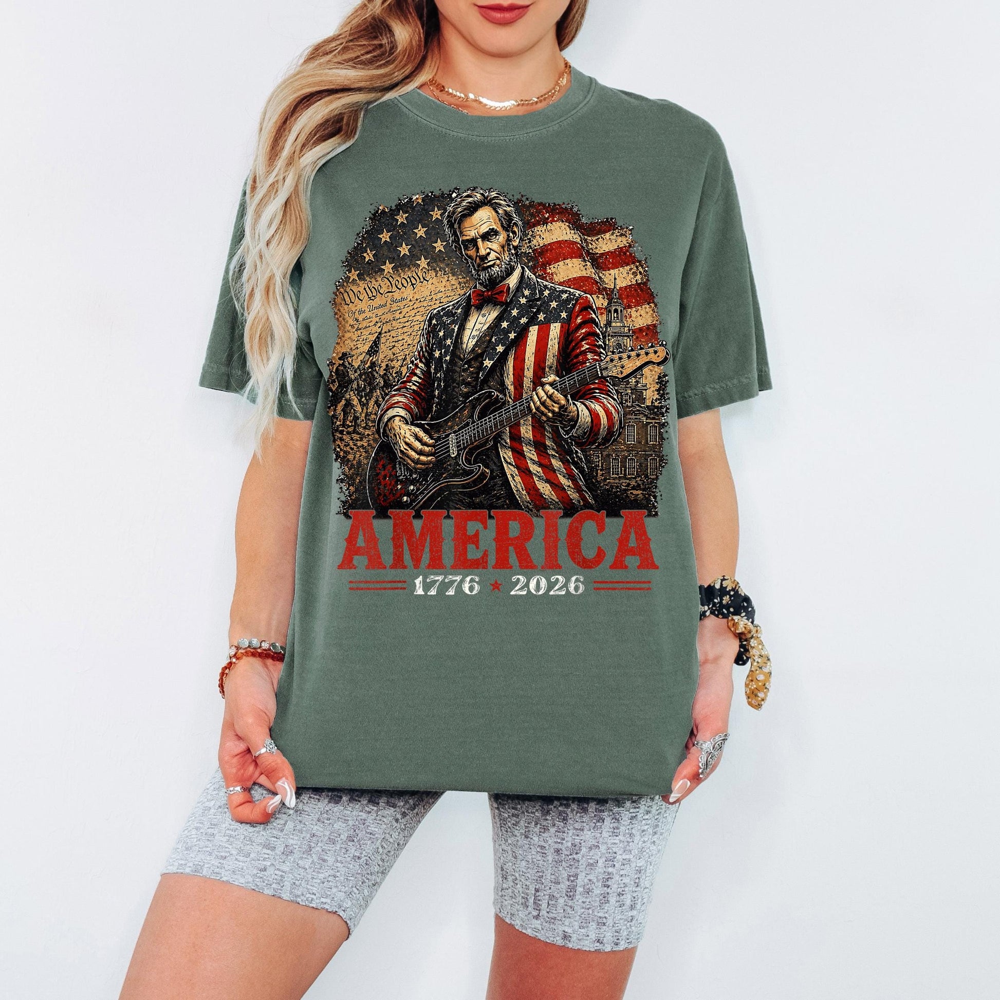 America 250th Anniversary Shirt, Patriotic Lincoln Guitar Tee, America 1776 2026 Shirt, Fourth of July Vintage USA Tee