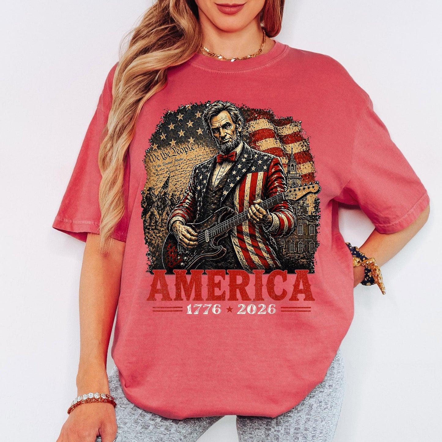 America 250th Anniversary Shirt, Patriotic Lincoln Guitar Tee, America 1776 2026 Shirt, Fourth of July Vintage USA Tee