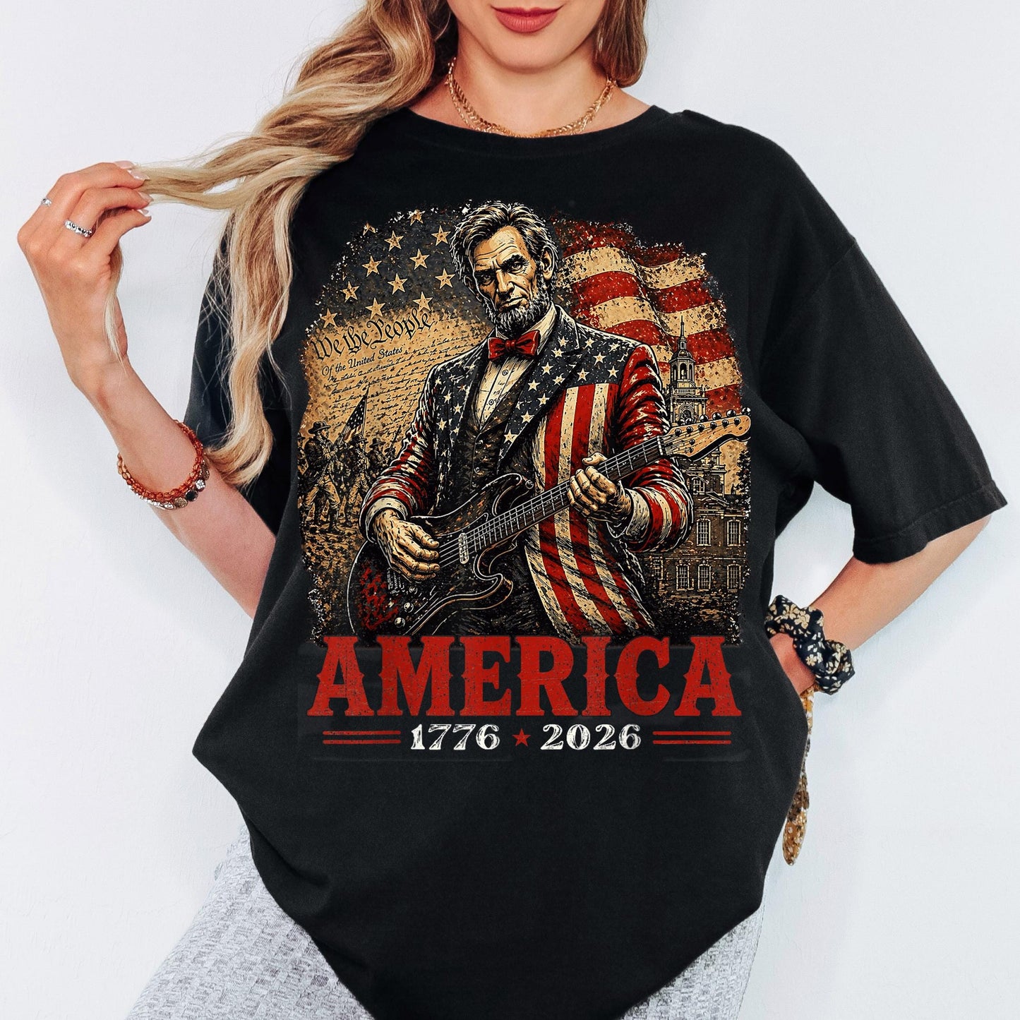 America 250th Anniversary Shirt, Patriotic Lincoln Guitar Tee, America 1776 2026 Shirt, Fourth of July Vintage USA Tee