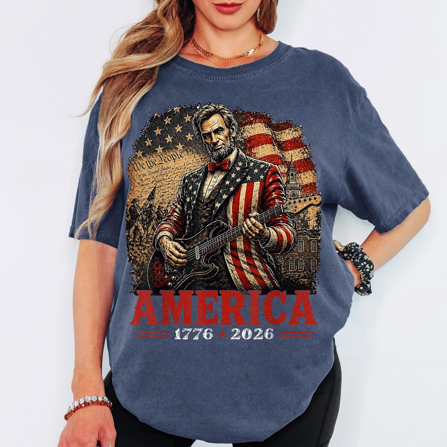 America 250th Anniversary Shirt, Patriotic Lincoln Guitar Tee, America 1776 2026 Shirt, Fourth of July Vintage USA Tee