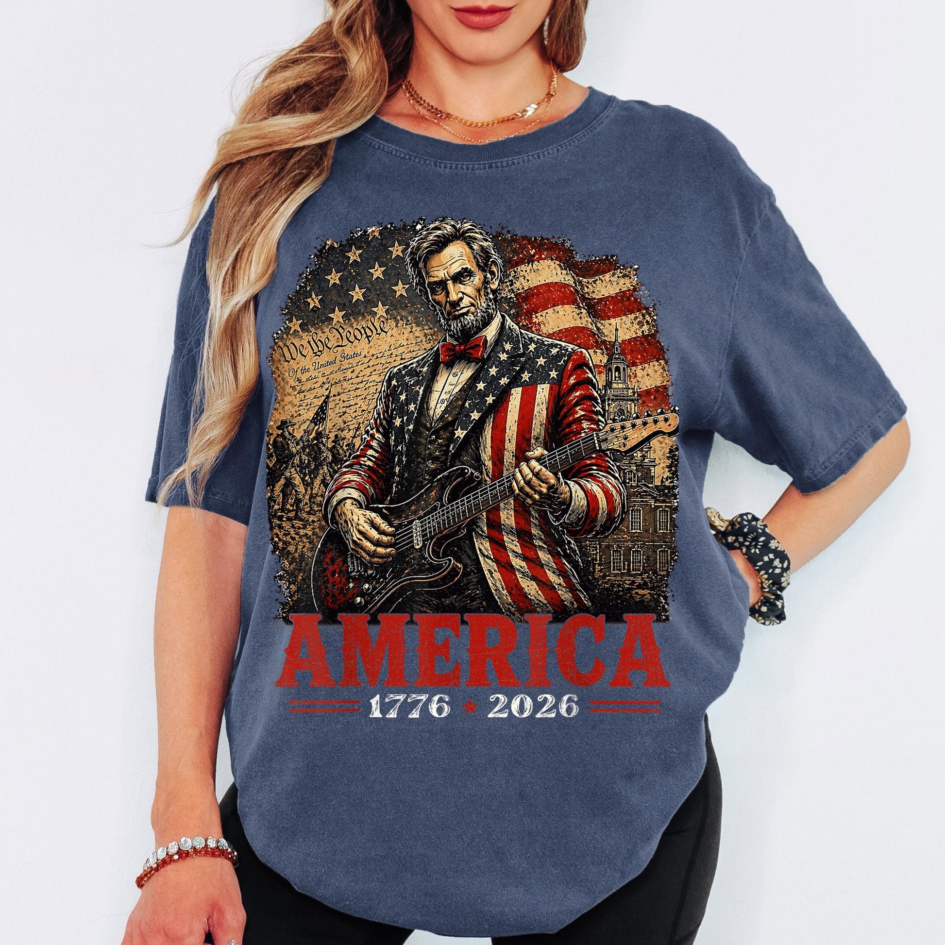 America 250th Anniversary Shirt, Patriotic Lincoln Guitar Tee, America 1776 2026 Shirt, Fourth of July Vintage USA Tee