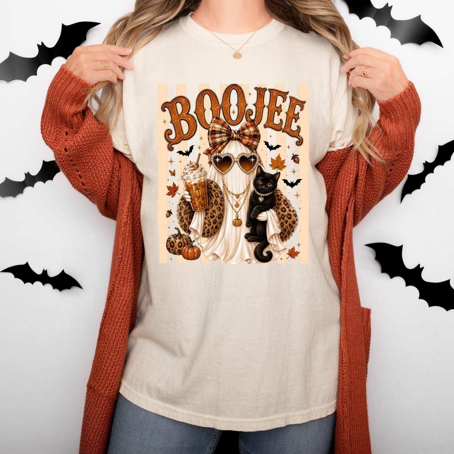 Comfort Colors® Boo-Jee Ghost Shirt, Stripe Leopard Ghost Tee, Spooky Black Cat Tshirt
