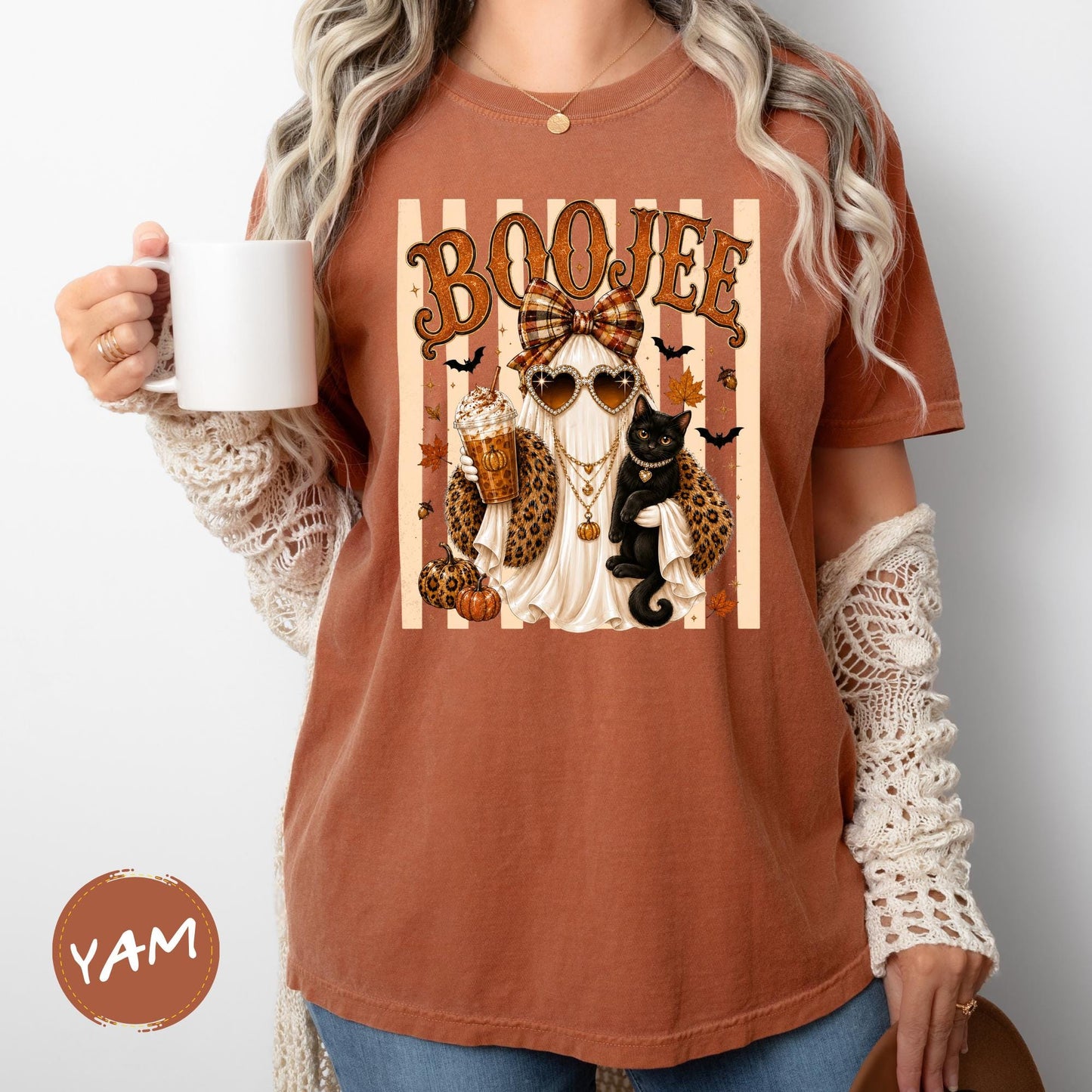 Comfort Colors® Boo-Jee Ghost Shirt, Stripe Leopard Ghost Tee, Spooky Black Cat Tshirt