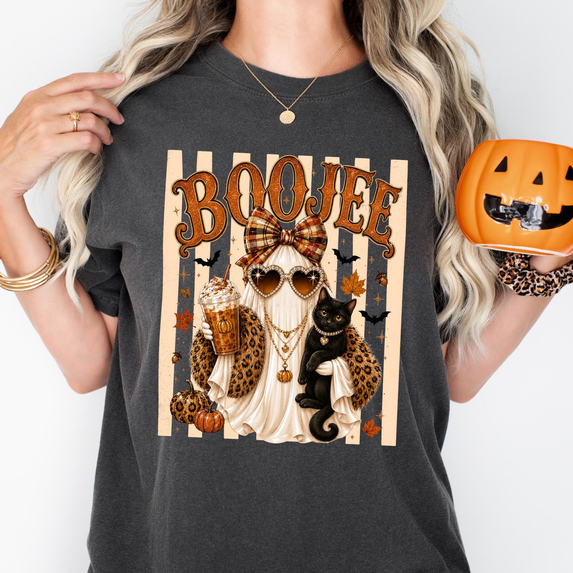 Comfort Colors® Boo-Jee Ghost Shirt, Stripe Leopard Ghost Tee, Spooky Black Cat Tshirt