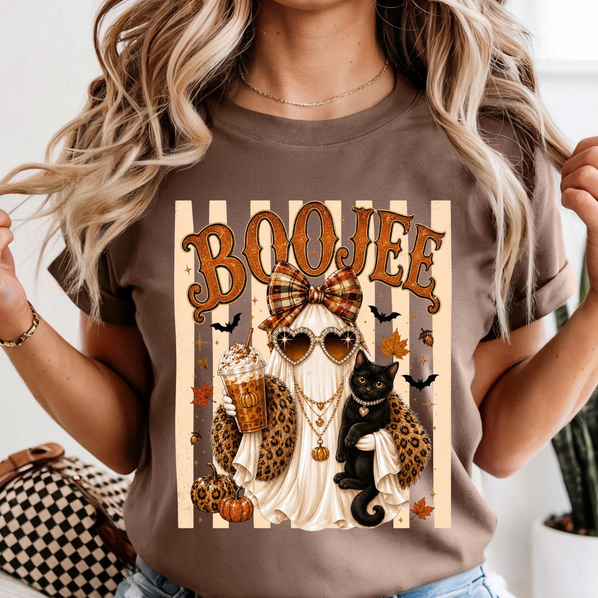 Comfort Colors® Boo-Jee Ghost Shirt, Stripe Leopard Ghost Tee, Spooky Black Cat Tshirt