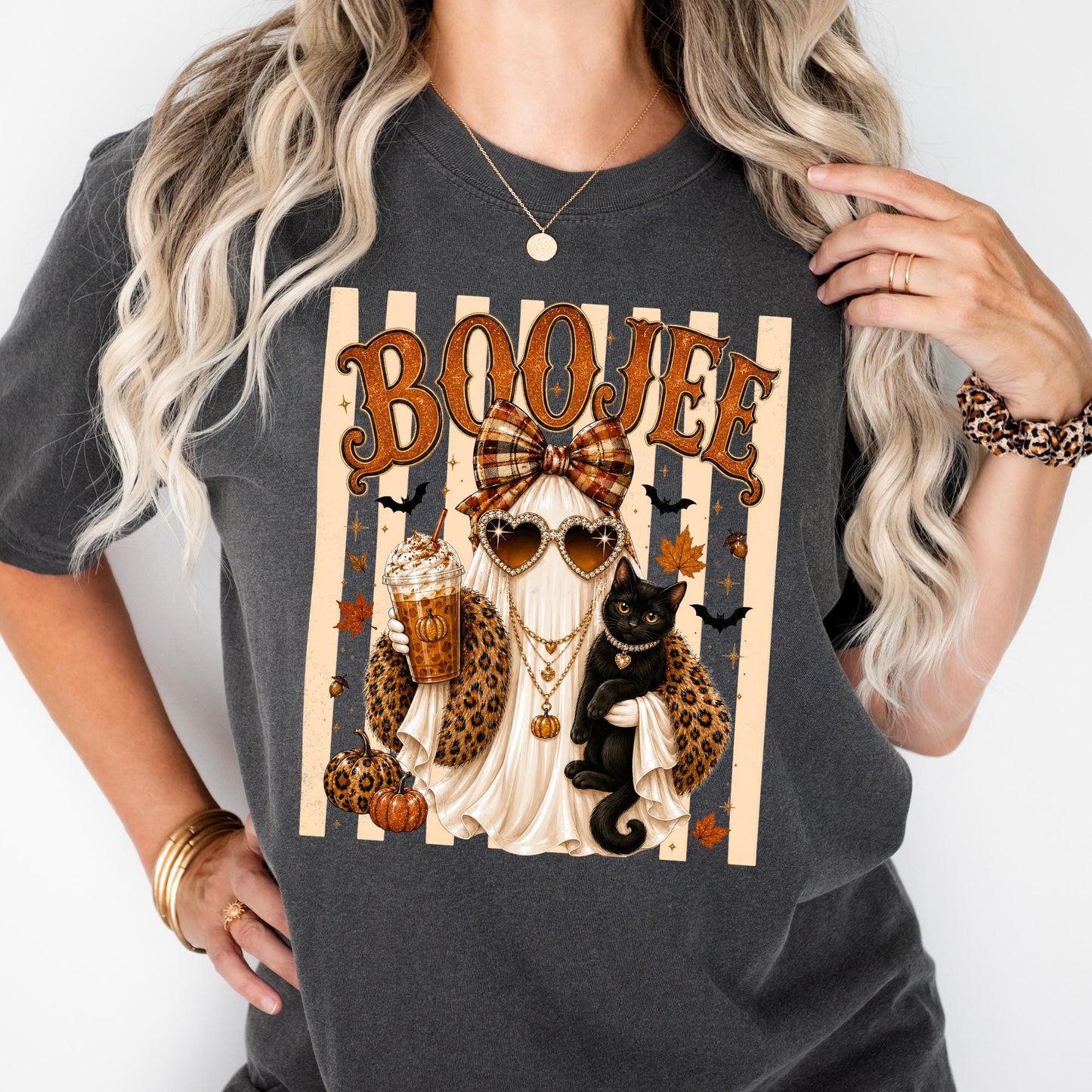 Comfort Colors® Boo-Jee Ghost Shirt, Stripe Leopard Ghost Tee, Spooky Black Cat Tshirt