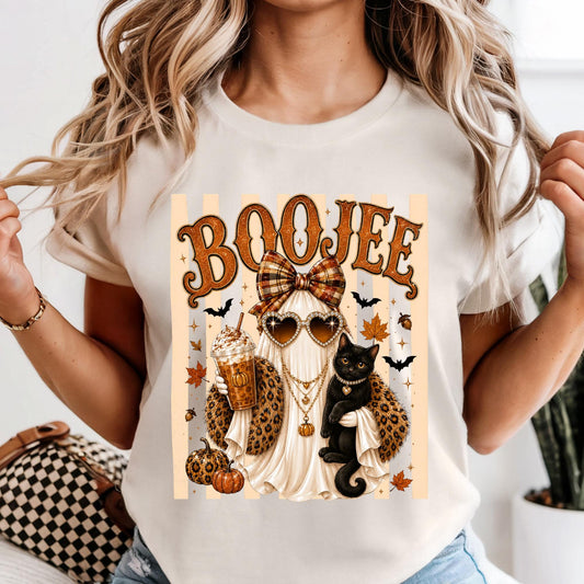 Comfort Colors® Boo-Jee Ghost Shirt, Stripe Leopard Ghost Tee, Spooky Black Cat Tshirt